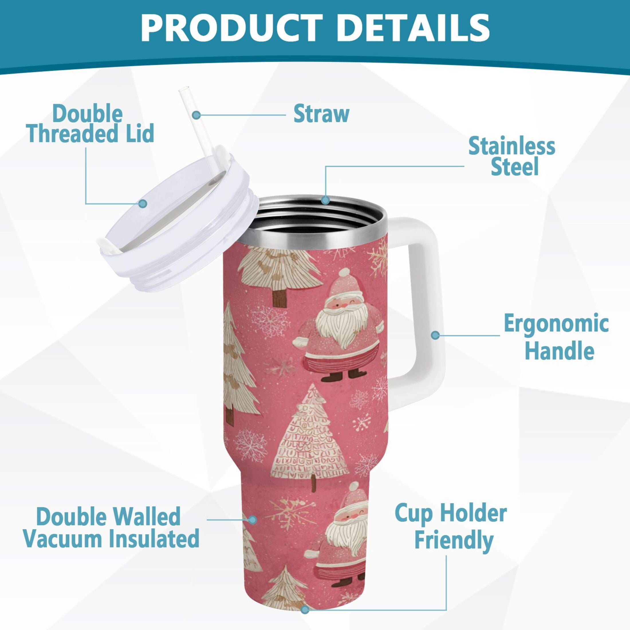 40 oz Insulated Stainless Steel Tumbler Double Wall Stainless Steel Tumbler with 2-Way Drinking Pink Santa Claus Pattern - Choice 245