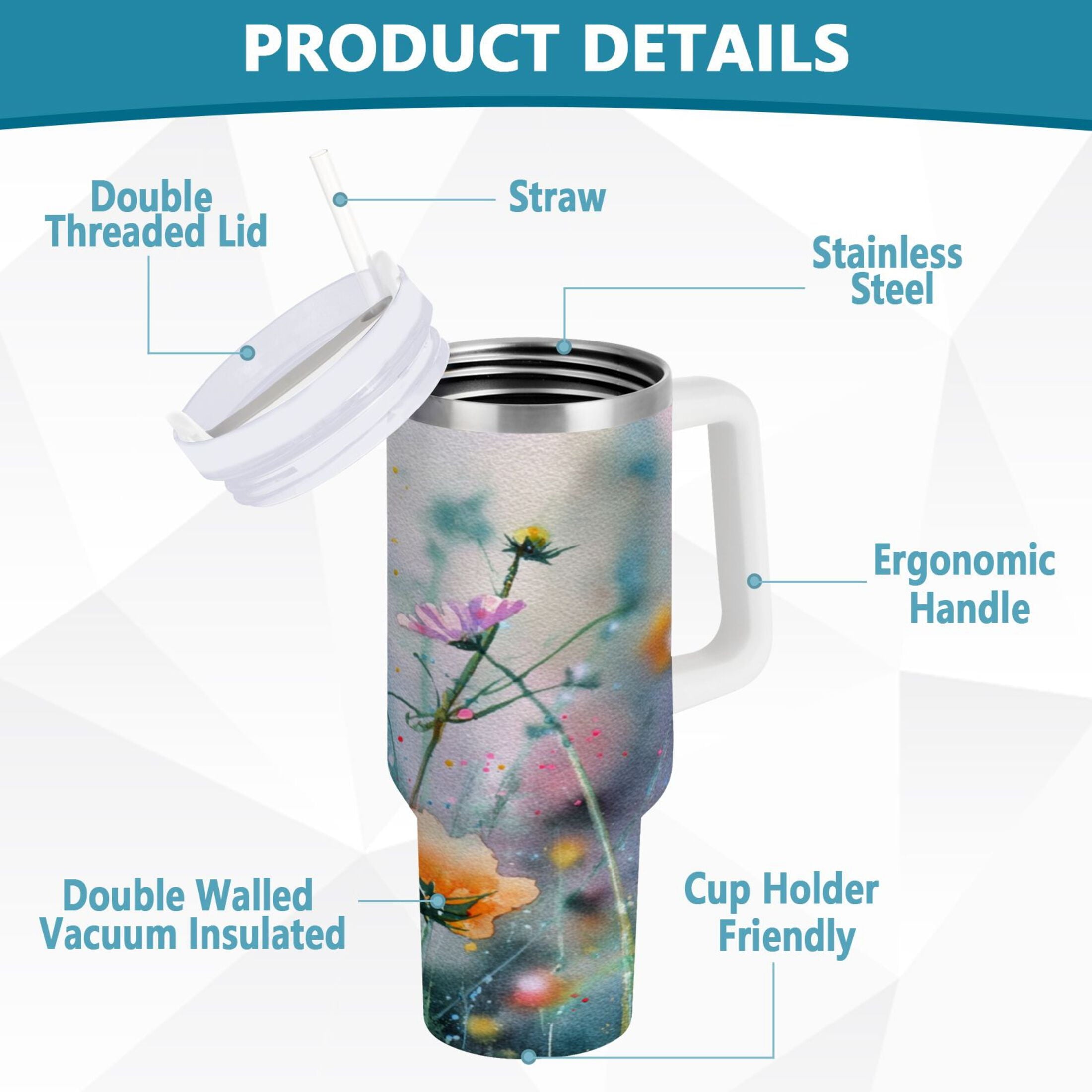 40 oz Insulated Stainless Steel Tumbler Double Wall Stainless Steel Tumbler with 2-Way Drinking Abstract Wildflowers - Choice 596