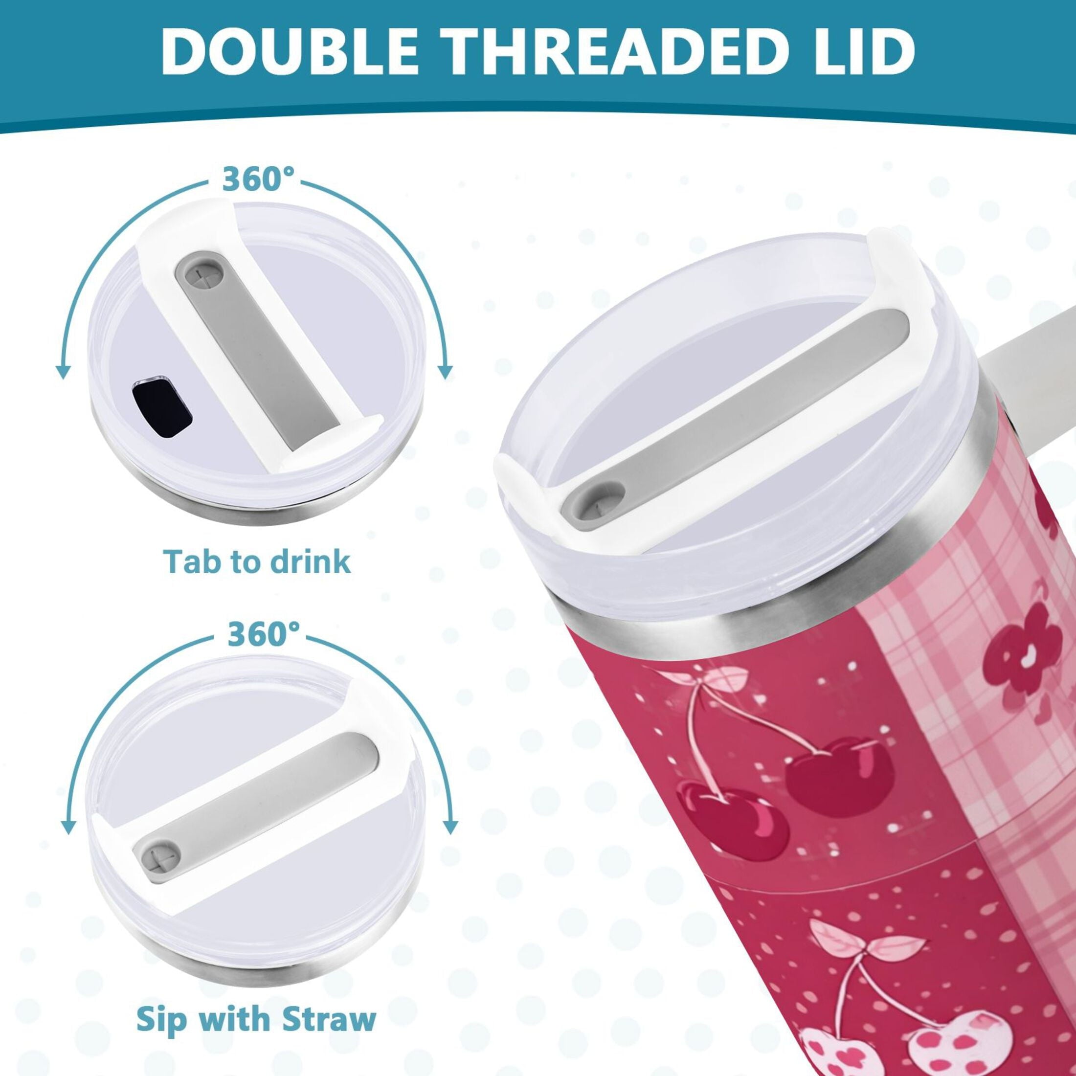 30 oz Insulated Stainless Steel Tumbler Double Wall Stainless Steel Tumbler with 2-Way Drinking Cherry Pattern with Bows - Choice 897