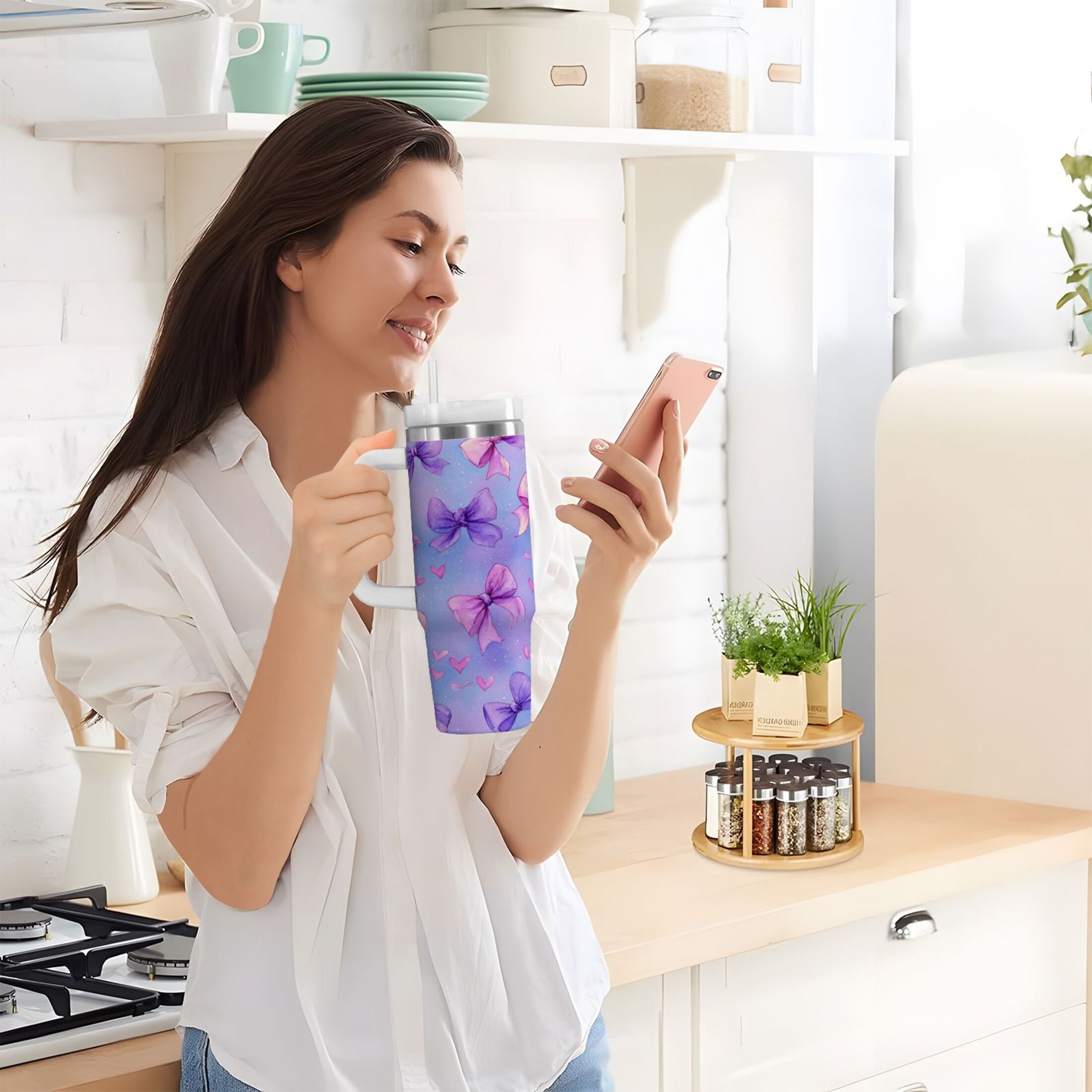 30 oz Insulated Stainless Steel Tumbler Double Wall Stainless Steel Tumbler with 2-Way Drinking Watercolor Bows Pattern - Choice 756