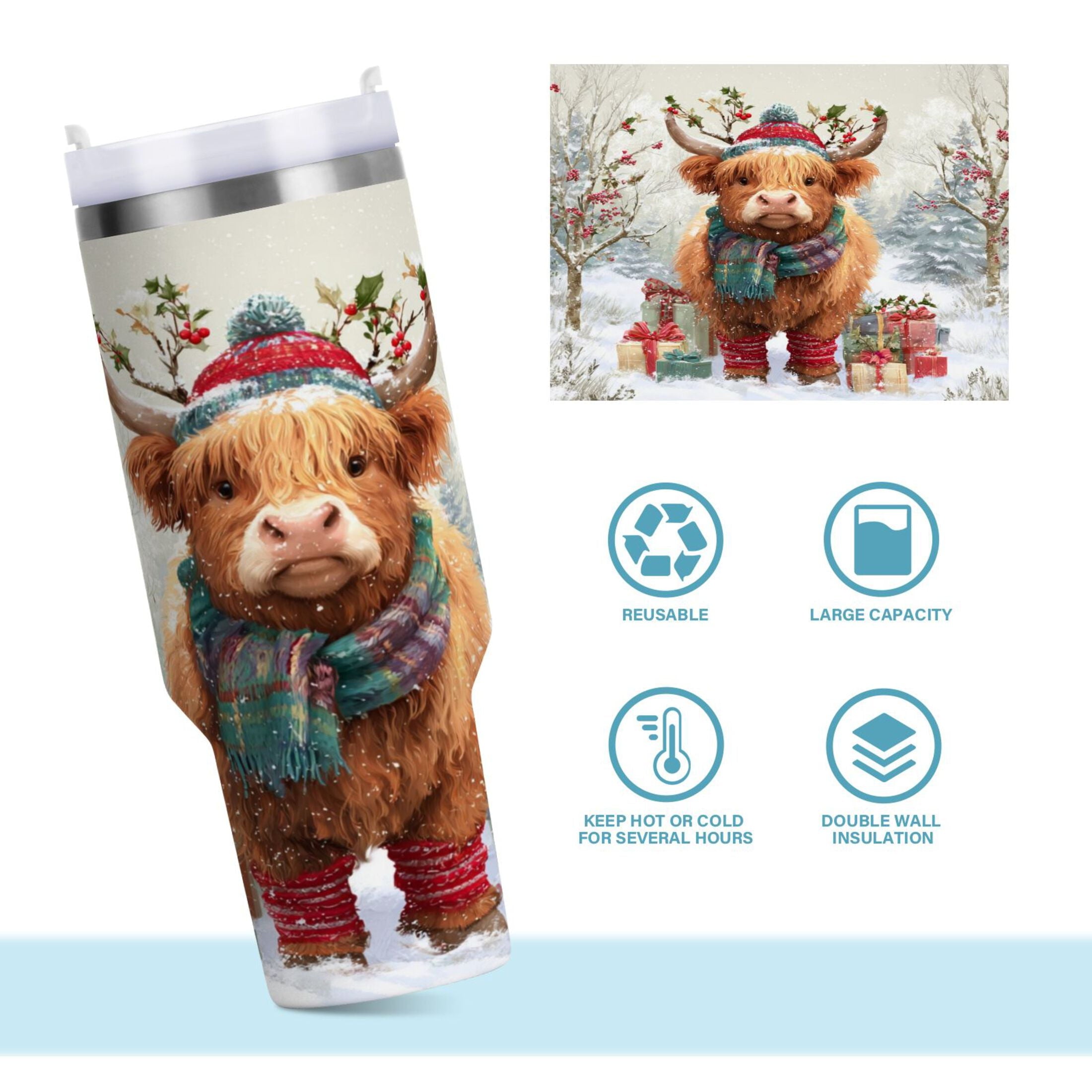 30 oz Insulated Stainless Steel Tumbler Double Wall Stainless Steel Tumbler with 2-Way Drinking Cow Wearing Christmas Hat - Choice 987