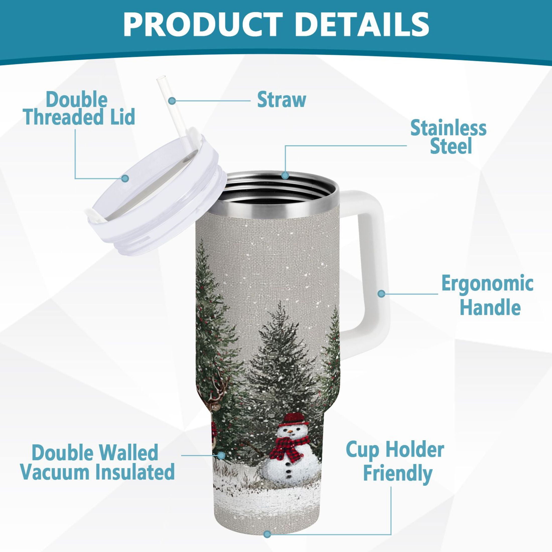 30 oz Insulated Stainless Steel Tumbler Double Wall Stainless Steel Tumbler with 2-Way Drinking Christmas Deer and Snowmen - Choice 605