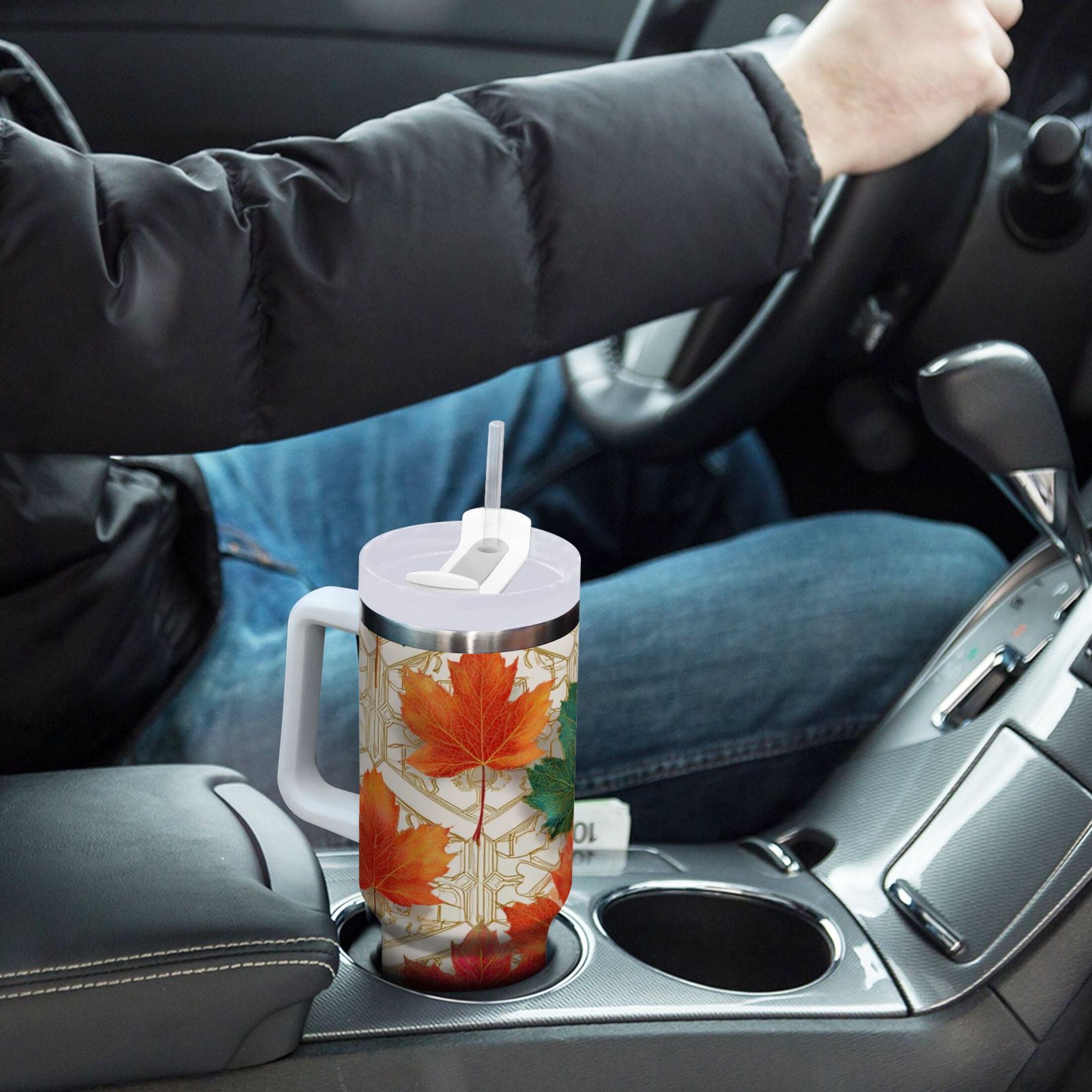 30 oz Insulated Stainless Steel Tumbler Double Wall Stainless Steel Tumbler with 2-Way Drinking Green and Red Maple Leaves - Choice 914