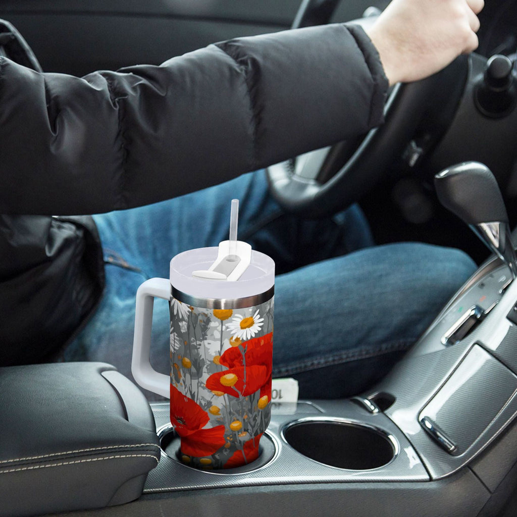 40 oz Insulated Stainless Steel Tumbler Double Wall Stainless Steel Tumbler with 2-Way Drinking Red Flowers and Daisies - Choice 804