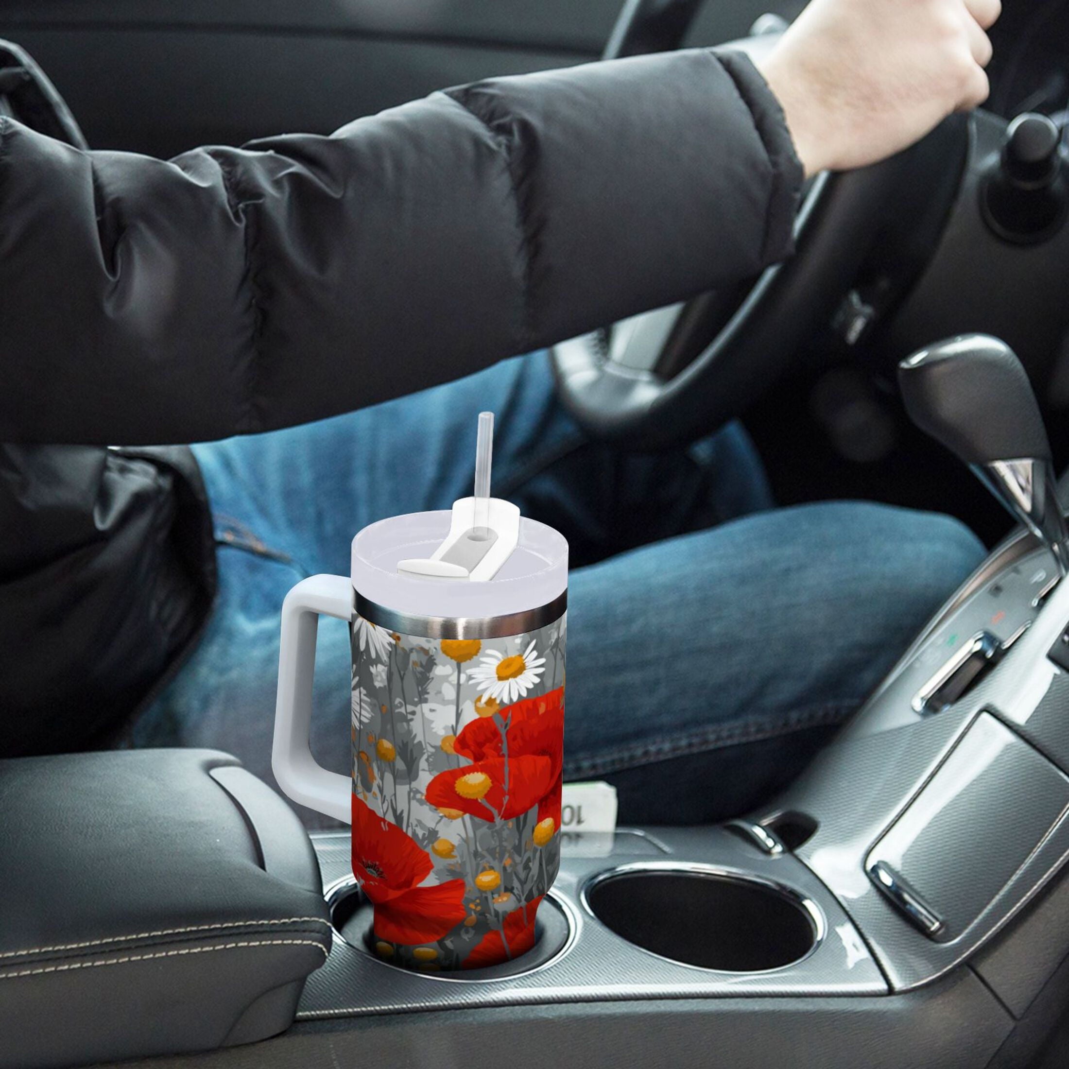40 oz Insulated Stainless Steel Tumbler Double Wall Stainless Steel Tumbler with 2-Way Drinking Red Flowers and Daisies - Choice 804